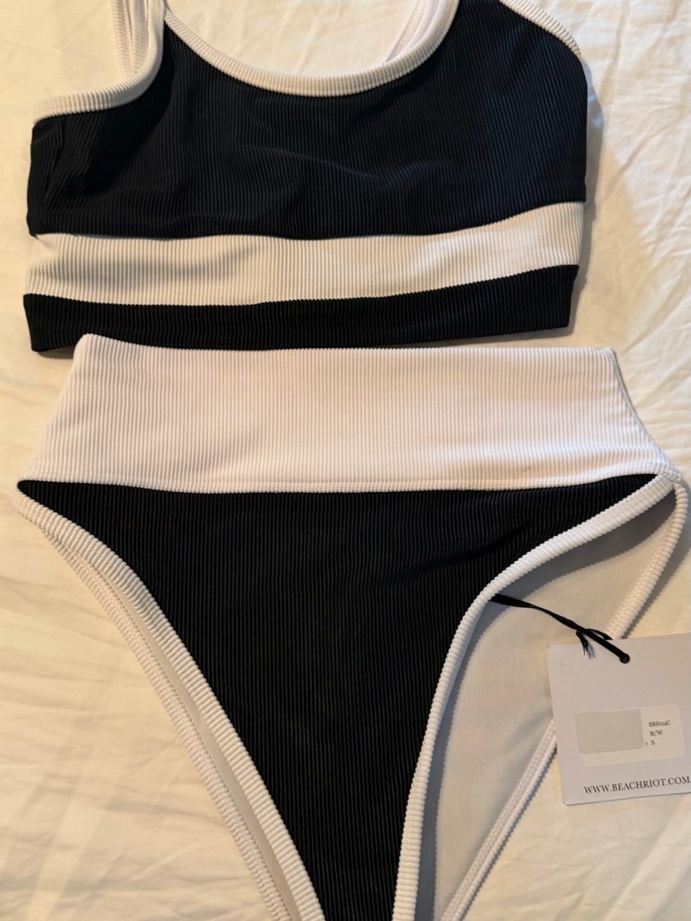 Beach Riot Black and White Ribbed High-Waist Bikini Set NWT